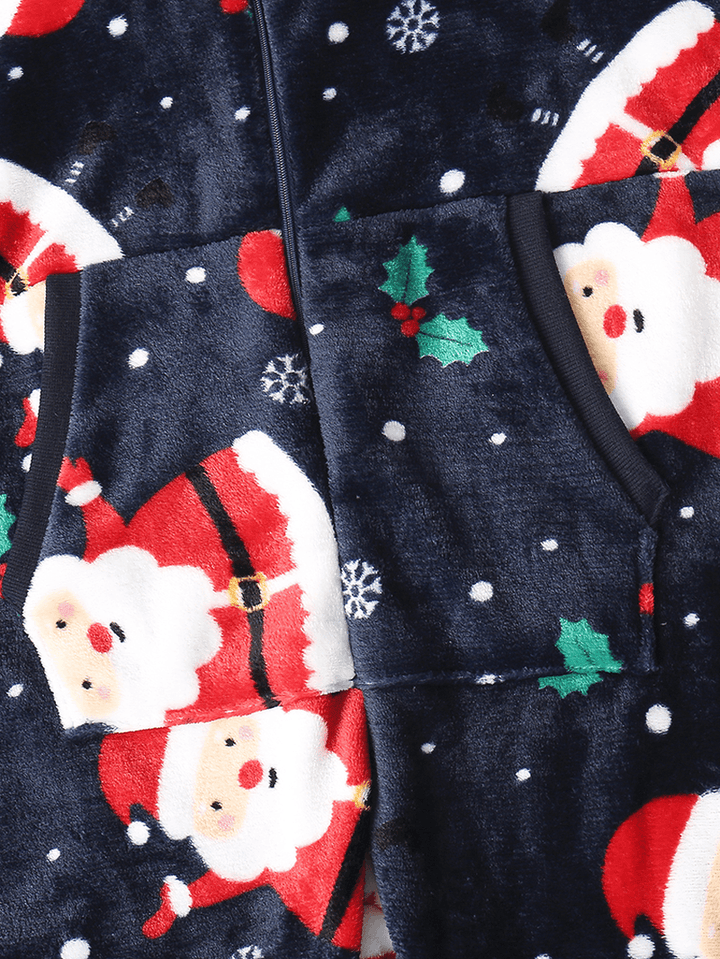 Women Christmas Santa Claus Print Flannel Ear Design Hooded Onesies Long Sleeve Pajamas - MRSLM