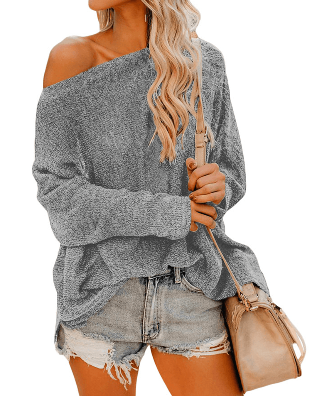 Women off Shoulder Long Sleeve Blouse Casual Pullover Knit Sweaters - MRSLM