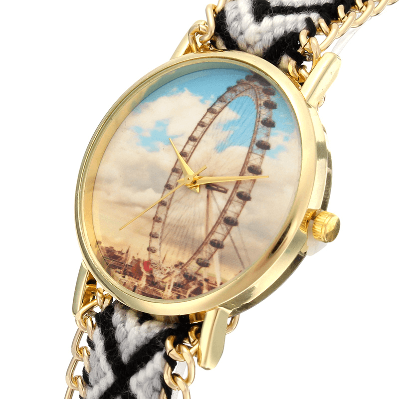 Custom Folk Style Women Watch Ferris Wheel Alloy Case Knitted Fabric Strap Casual Retro Quartz Wrist Watch - MRSLM