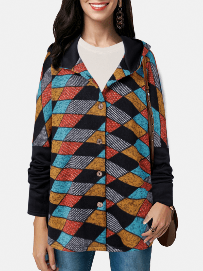 Women Vintage Geometric Color Block Print Patchwork Long Sleeve Hooded Coats - MRSLM