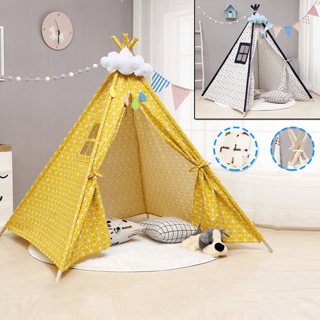 Teepee Children Playhouse Kids Play Tent Natural Cotton Canvas Gift for Boys Girls Indoor Outdoor Tent - MRSLM