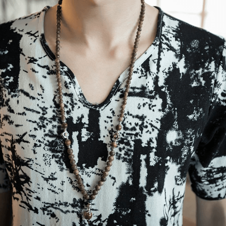 INCERUN Mens V Neck Ink Printing Chinese Style Casual Cotton Short Sleeve Tops Tees - MRSLM