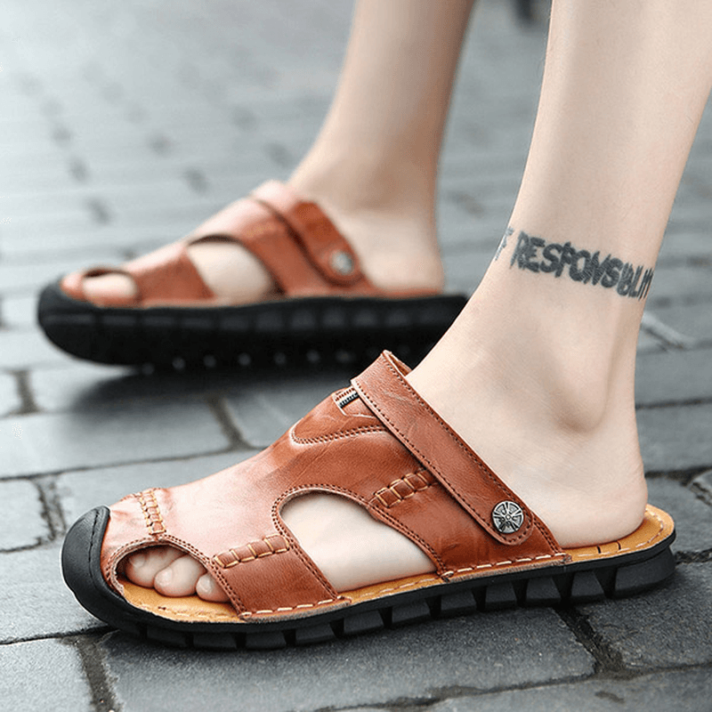 Men Casual Soft anti Collision Toe Genuine Leather Sandals - MRSLM