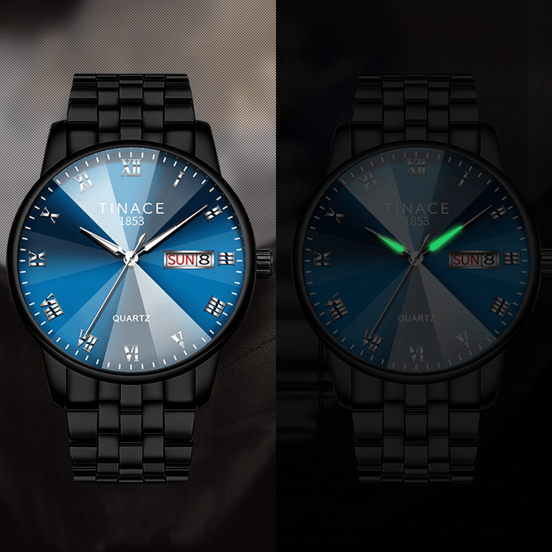 TINACE Men Luminous Display Fashion Blue Black Dial Day Week Display Stainless Steel Quartz Watch - MRSLM