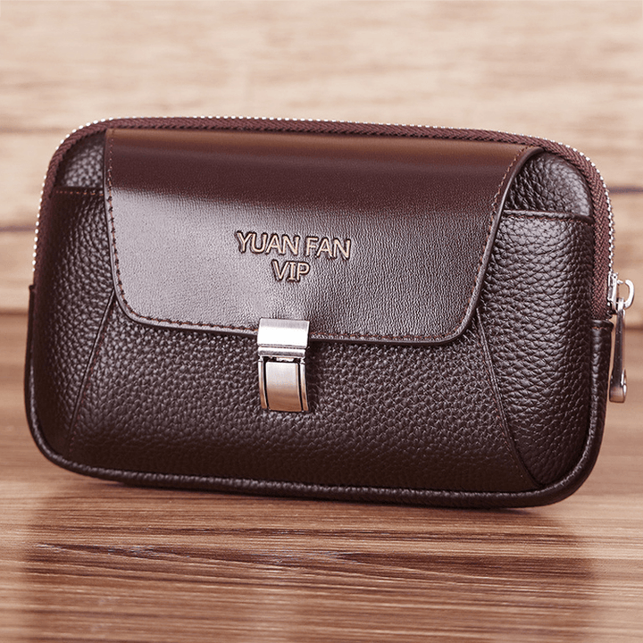 Men Vintage Horizontal Multi-Pocket Genuine Leather Mini Wallet Purse 6.5 Inch Phone Bag Waist Bag - MRSLM