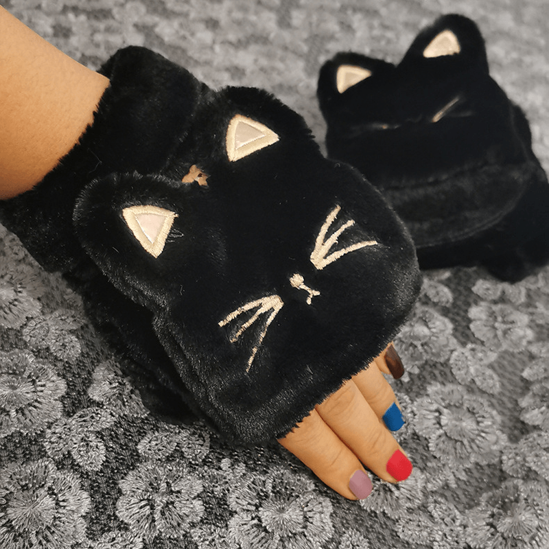 Women Plush plus Thicken Cute Cartoon Cat Pattern Keep Warm Half-Finger Gloves - MRSLM