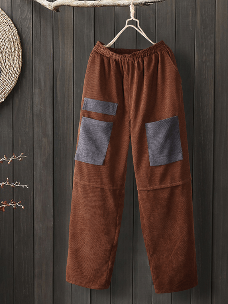 Women Corduroy Vintage Patchwork Multiple Color Contrast Pants with Pockets - MRSLM