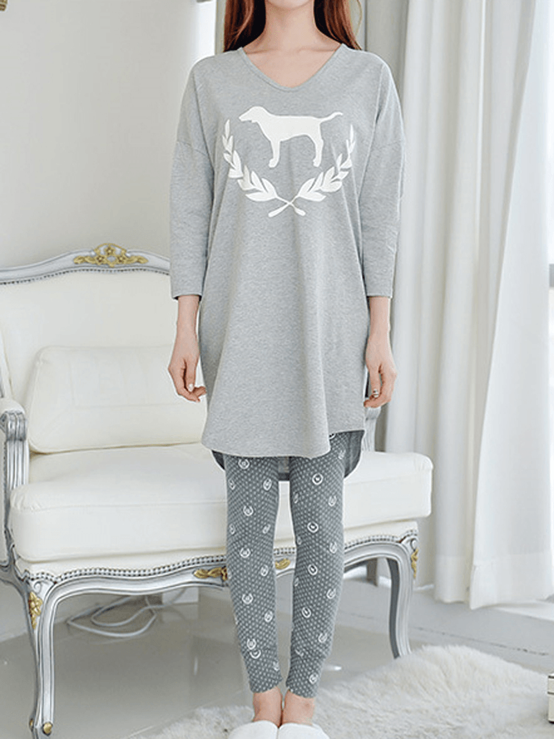 Women Abstract Print V-Neck Long Sleeve Grey Two Piece Pajama Set - MRSLM