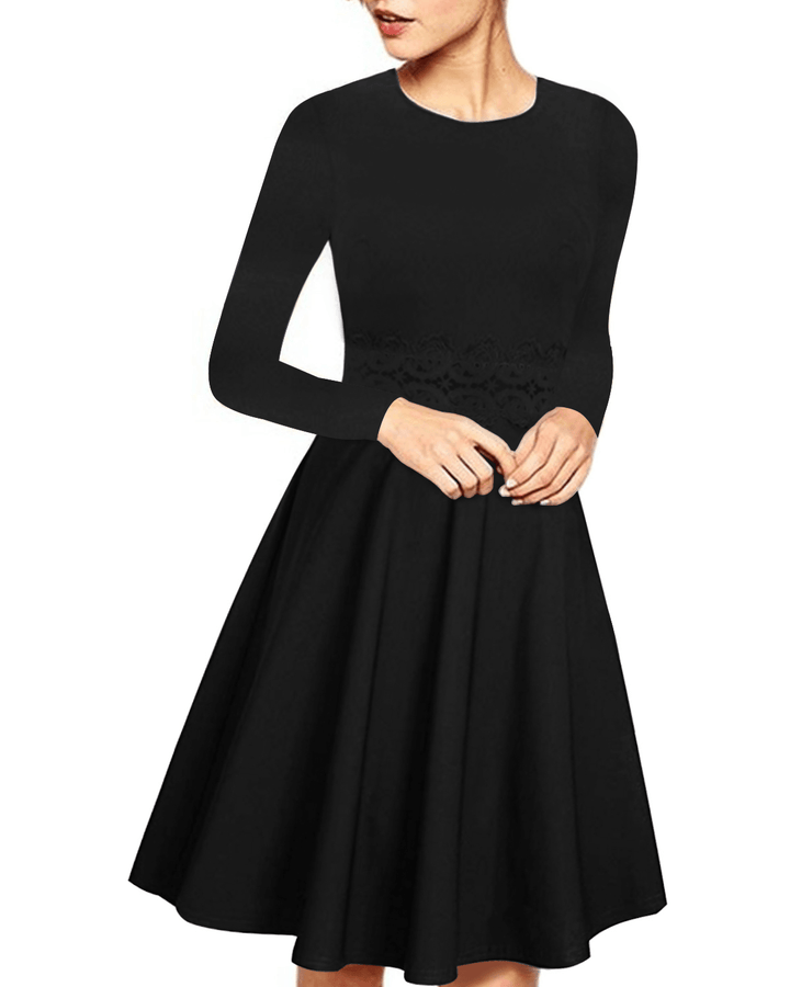 Women Elegant Long Sleeve Lace Patchwork Midi a Line Dress - MRSLM