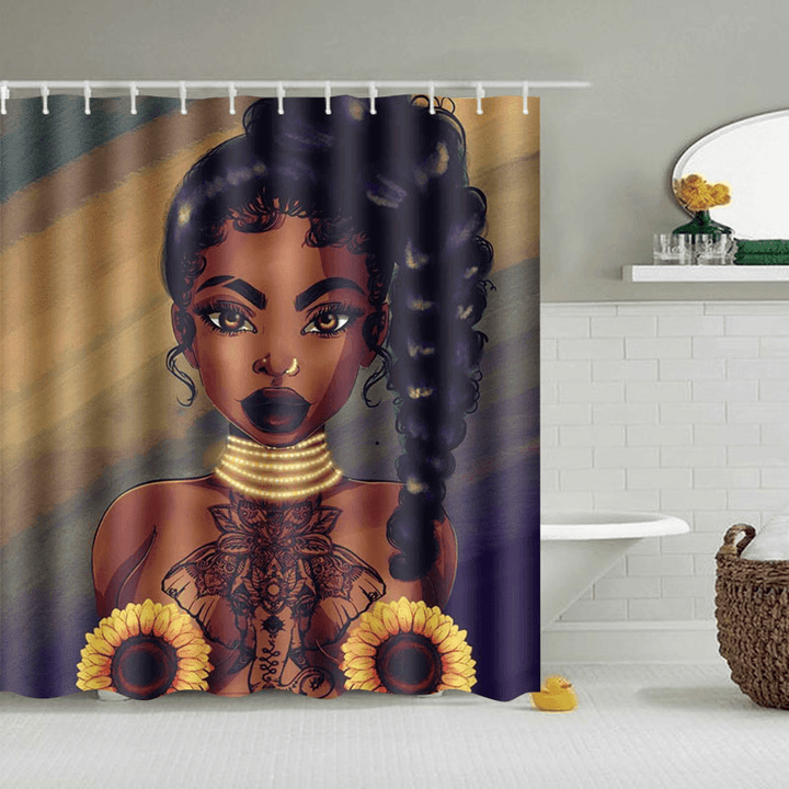 African Black Woman Girl Bathroom Shower Curtain Toilet Cover Pedestal Decor Set - MRSLM