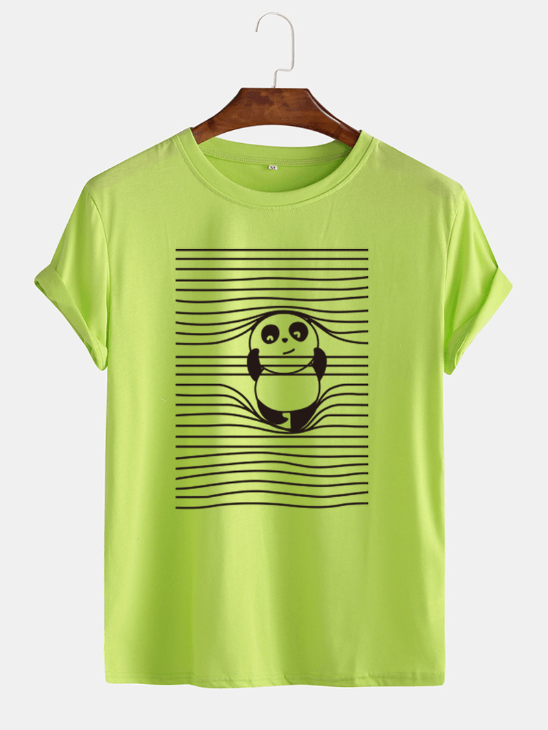 Mens Cartoon Panda & Line Print round Neck Short Sleeve Cute T-Shirts - MRSLM