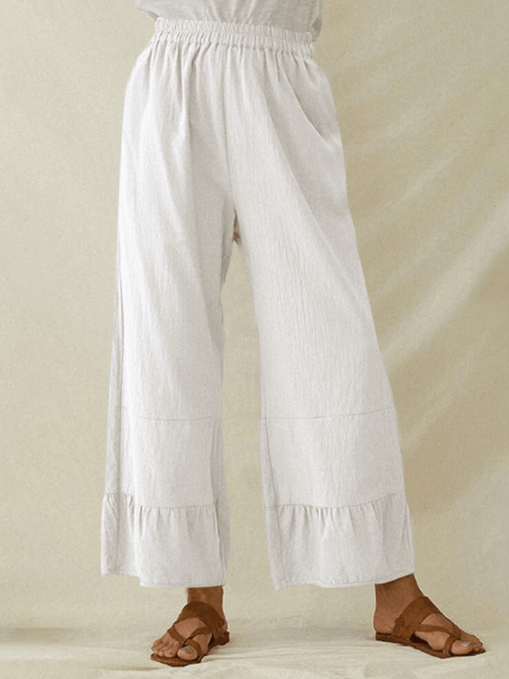 Women Cotton Plain Ruffle Cuff Elastic Waist Loose Casual Solid Wide Leg Pants - MRSLM