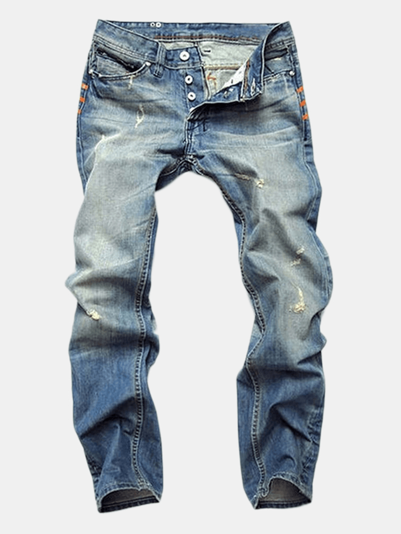 Ripped Fold Stitching Straight Washed Jeans - MRSLM