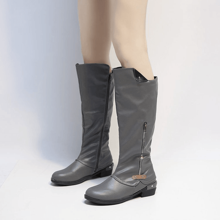 Plus Size Women round Toe Side Zipper Low Heel Knee Boots - MRSLM