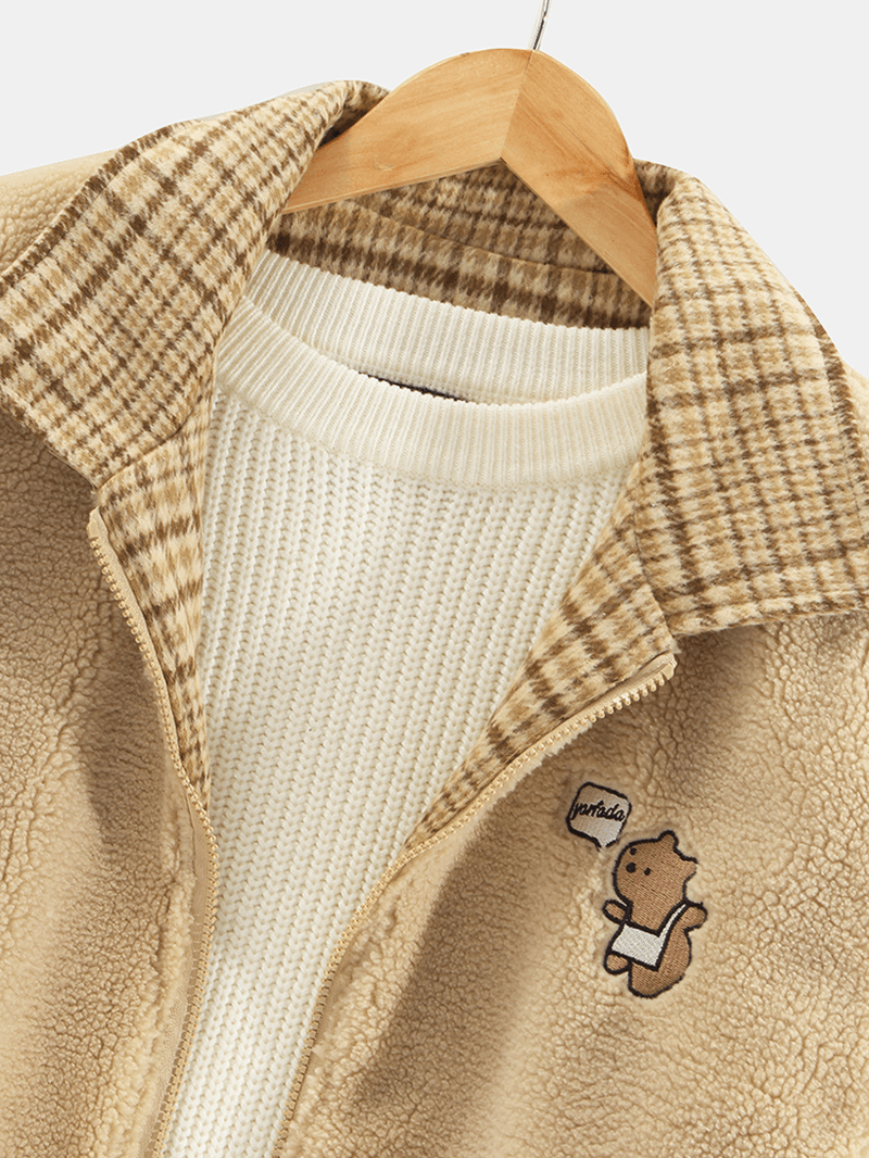 Mens Plaid Bear Letter Embroidered Lapel Reversible Fleece Casual Jacket - MRSLM