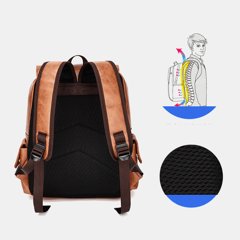Men Multi-Pocket Lightweight Breathable Decompression Design Backpack Multifunction Waterproof PU Soft Leather Shoulder Bag Student Bag - MRSLM
