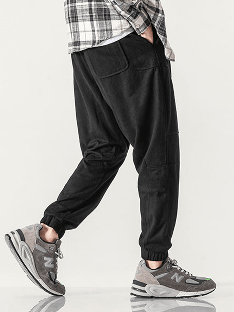 Mens 100% Cotton Elastic Waist Drawstring Pocket Casual Black Jogger Pants - MRSLM