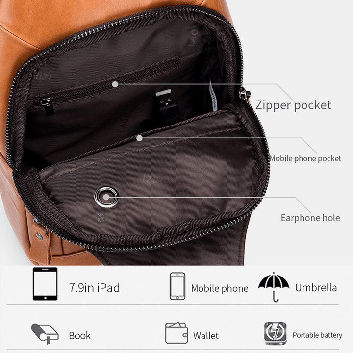 Men Cowhide Multi-Pocket USB Charging Chest Bag Outdoor Travel Anti-Theft Crossbody Shoulder Bag - MRSLM