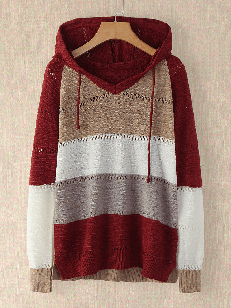Women Autumn Stripe Print V-Neck Hooded Daily Casual Knitted Sweater - MRSLM