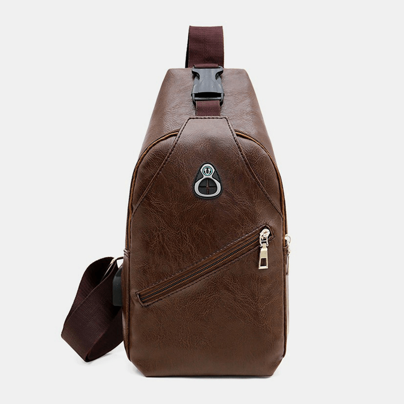 Men PU Leather Retro Business Chest Bag with USB Charging Youth Leather Shoulder Bag Cross Body Bag - MRSLM