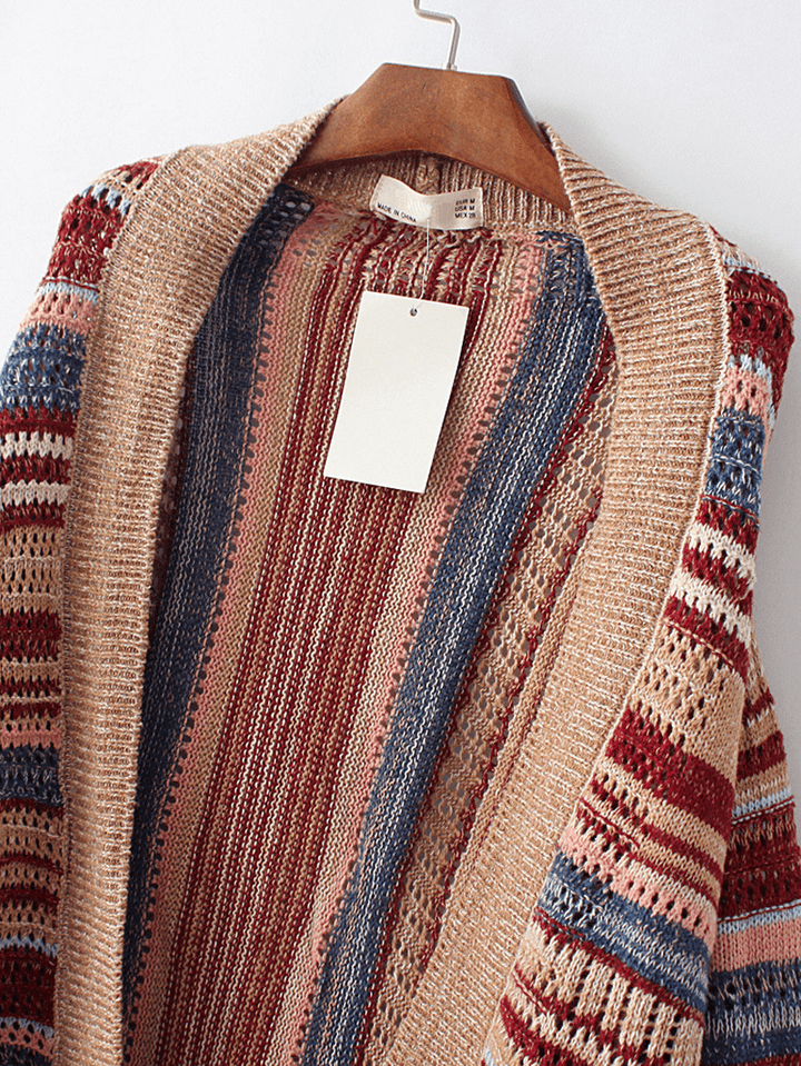Ethnic Women Colorful Striped Long Sleeve Tassel Sweater Cardigan - MRSLM