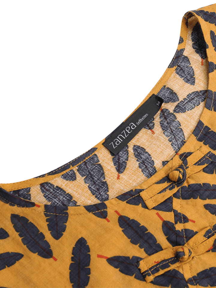 Leaf Print Side Frog Button 3/4 Sleeve Casual Maxi Dresses for Women - MRSLM