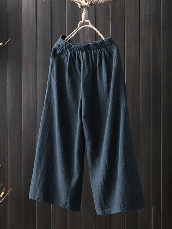 Women Vintage Solid Elastic Waist Wide Leg Pants with Pockets - MRSLM