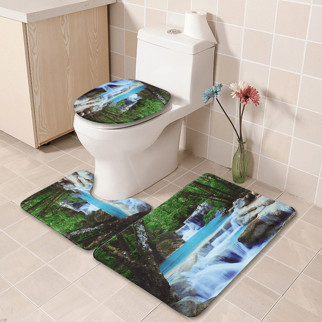 3D Bathroom Shower Curtain Waterfall Non-Slip Mat Set Lid Toilet Cover Rug Bath - MRSLM