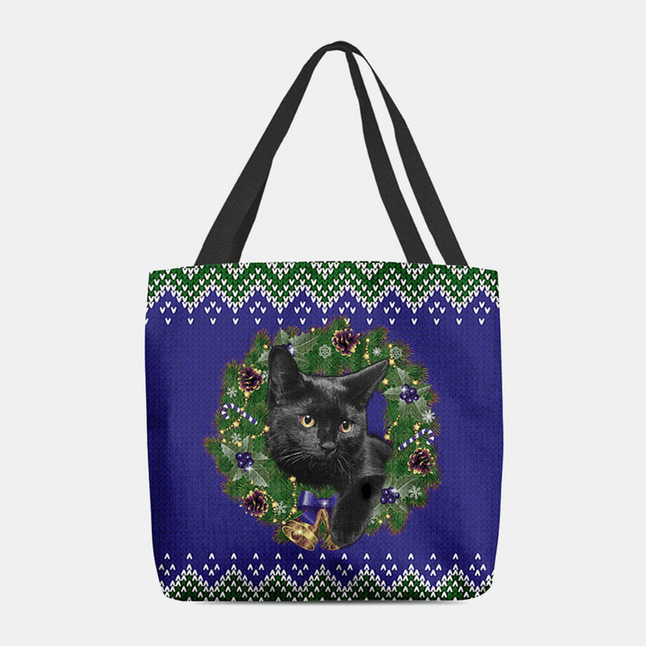 Women Felt Cartoon Festive Classic Color Christmas Wreath Cat Pattern Shoulder Bag Handbag Tote - MRSLM