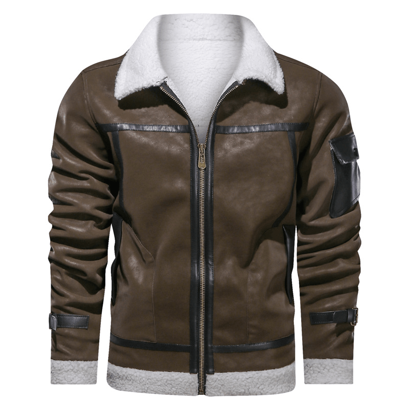 Men'S European and American Style Lapel plus Velvet Leather Jacket - MRSLM