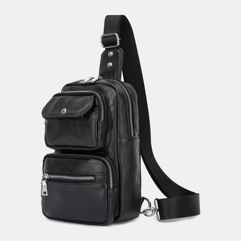 Men PU Leather Multi-Pocket Large Capacity Vintage Crossbody Bag Chest Bag Sling Bag - MRSLM