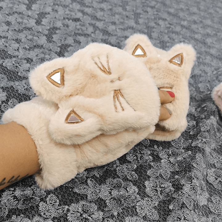 Women Plush plus Thicken Cute Cartoon Cat Pattern Keep Warm Half-Finger Gloves - MRSLM