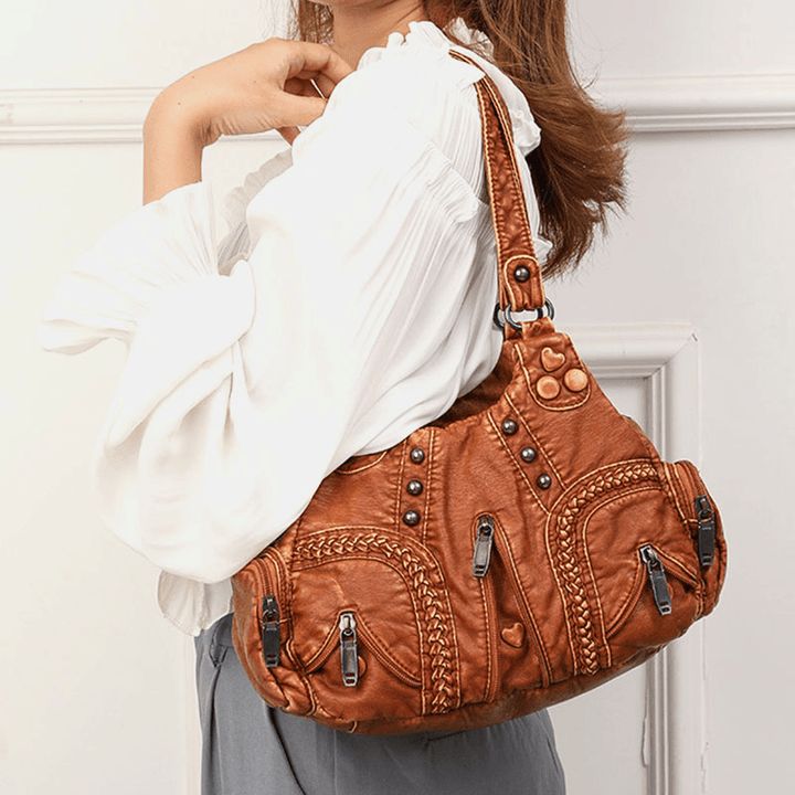 Women PU Leather Solid Color Large Capacity Retro Fashion Tote Handbags Crossbody Bags - MRSLM
