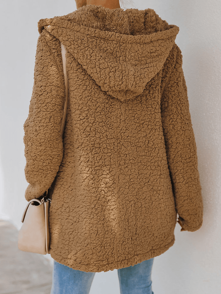 Women Solid Hooded Fleece Zipper Front Fluffy Loose Casual Coat - MRSLM