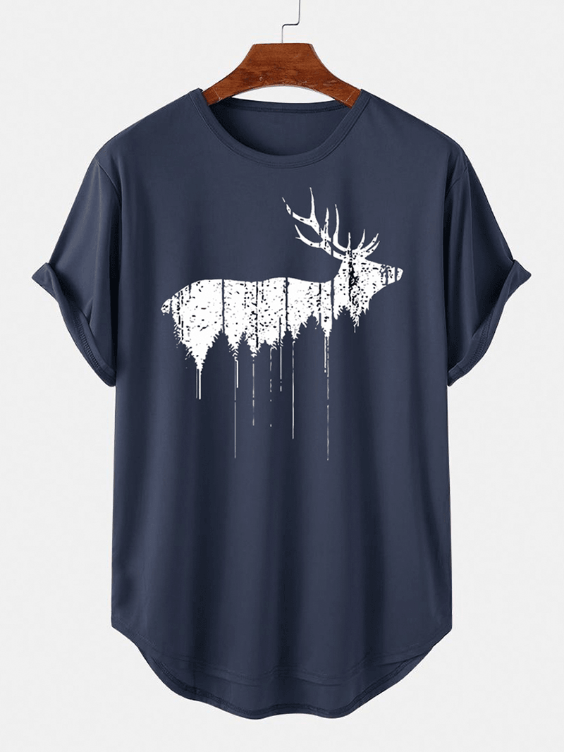 Christmas Mens Design Elk Print Curved Hem Short Sleeve T-Shirts - MRSLM