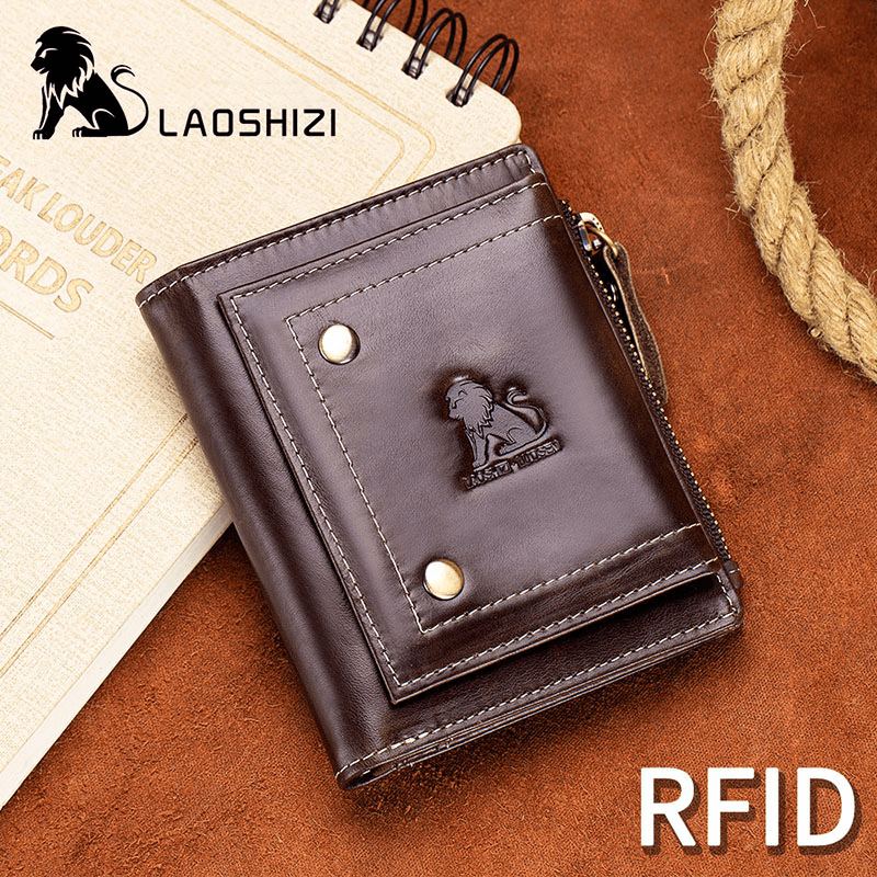 Men Genuine Leather RFID Blocking Wallet Zipper Coin Bag - MRSLM