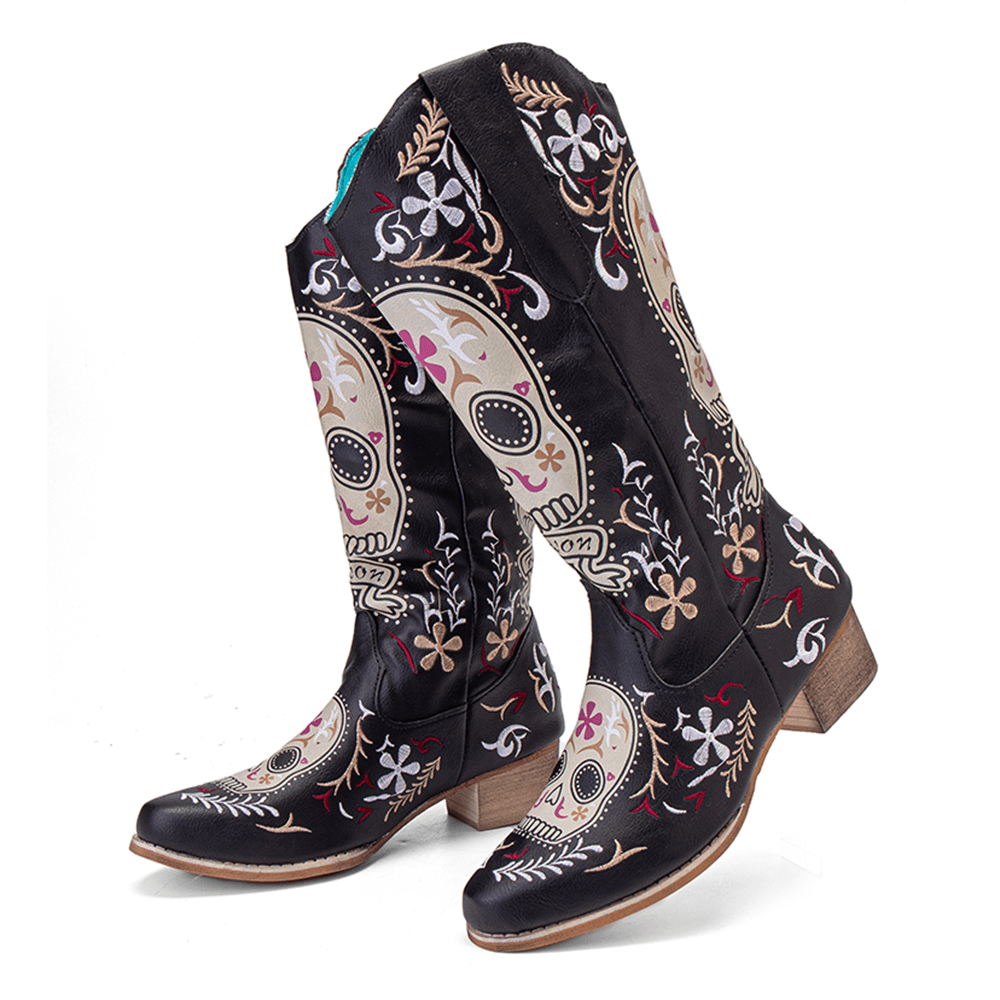 Women Color Kartoon Printed Embroidered Wear Resistant Chunky Heel Mid-Calf Boots - MRSLM