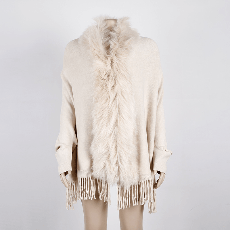 Autumn and Winter Fringed Cloak Shawl Fur Collar Solid Color Cardigan - MRSLM