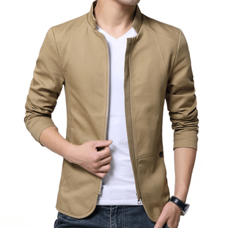 Men Fashion Business Stand Collar Cotton Casual Solid Jacket - MRSLM