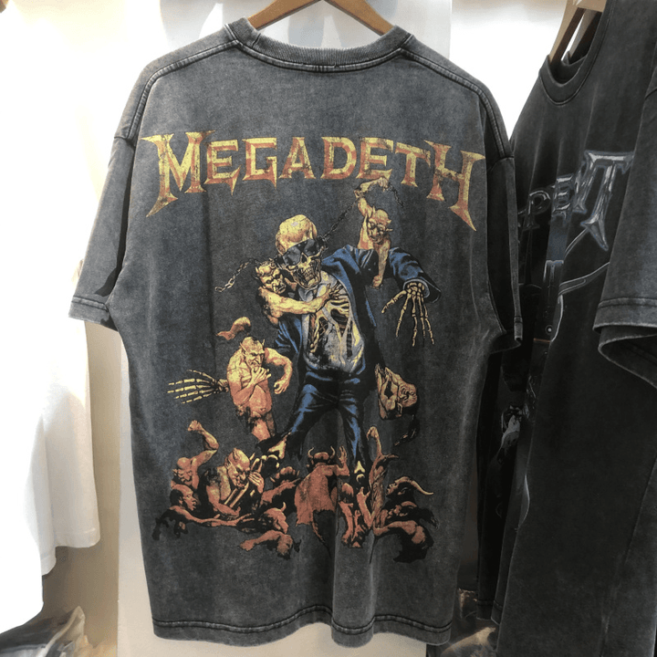 Skull Print Washed Distressed Hip Hop Loose Men'S Short Sleeve T-Shirt - MRSLM