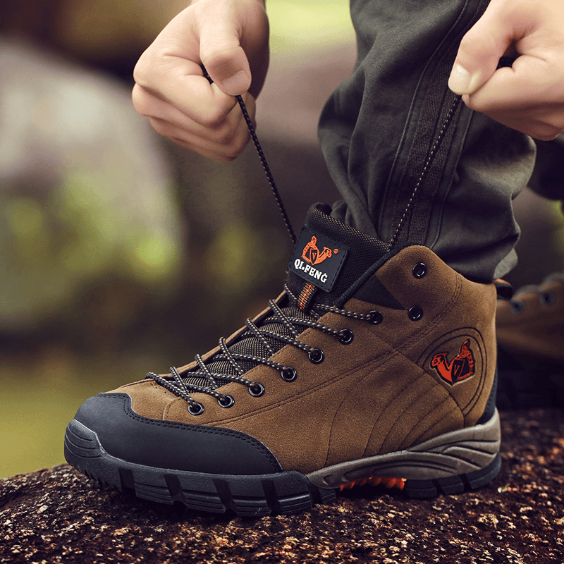 Men Leather Soft Sole Non Slip Comfy Outdoor Hiking Lace up Casual Sports Shoes - MRSLM
