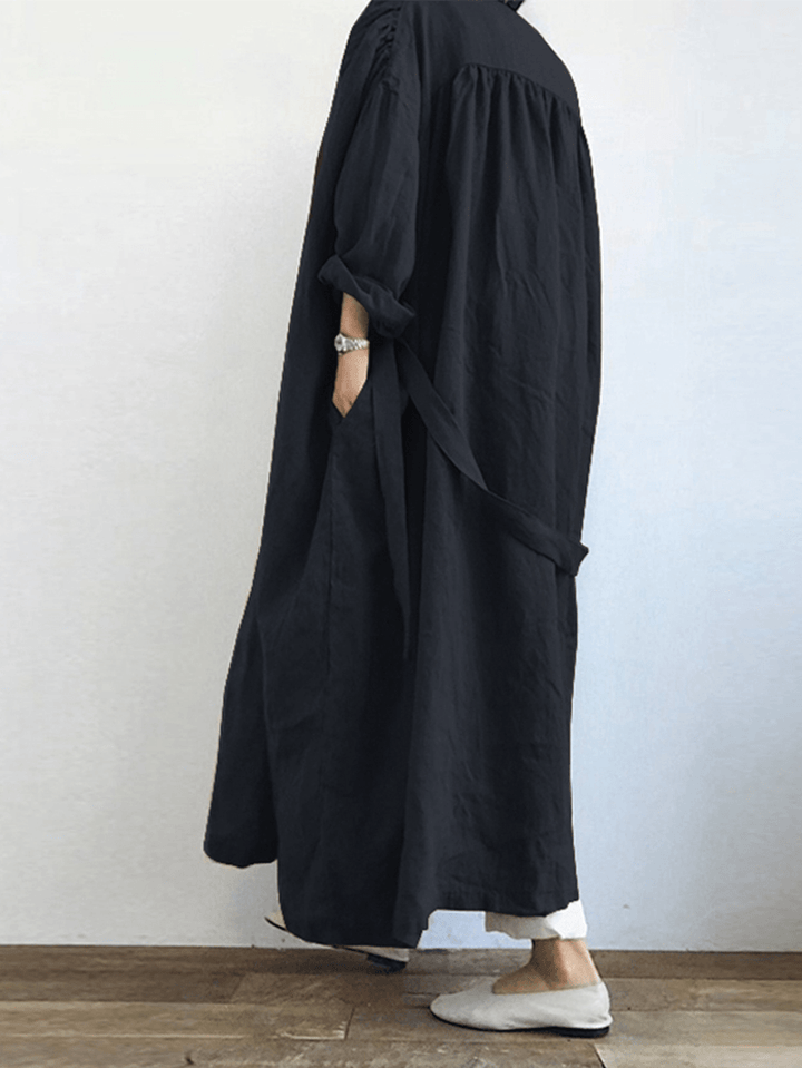 Women 100% Cotton Lace-Up V-Neck Side Pockets Mid-Calf Length Cardigan - MRSLM