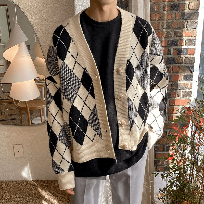 Classic Diamond Sweater Men'S V-Neck Knit Jacket - MRSLM