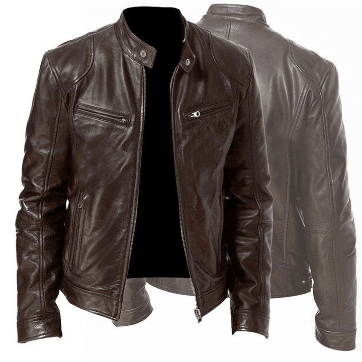 Men'S Zip Cardigan PU Leather Jacket with Stand Collar - MRSLM