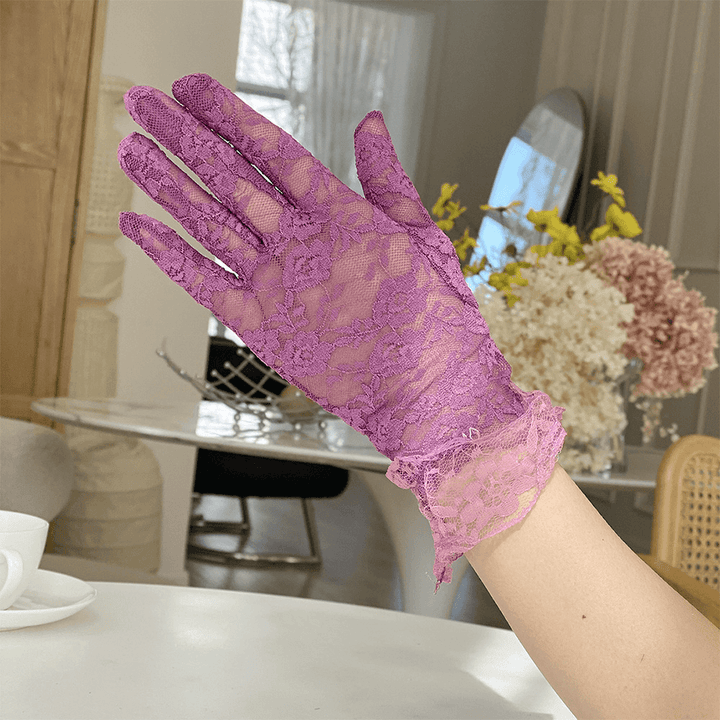 Women Lace Breathable Mesh Full Finger Gloves Summer Thin Sunshade Short Split Finger Gloves - MRSLM