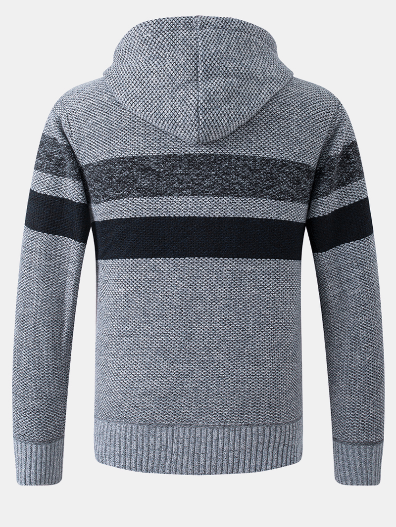 Mens Stripe Colorblock Zipper Thick Warm Knitting Sweater Hoodie Jacket - MRSLM