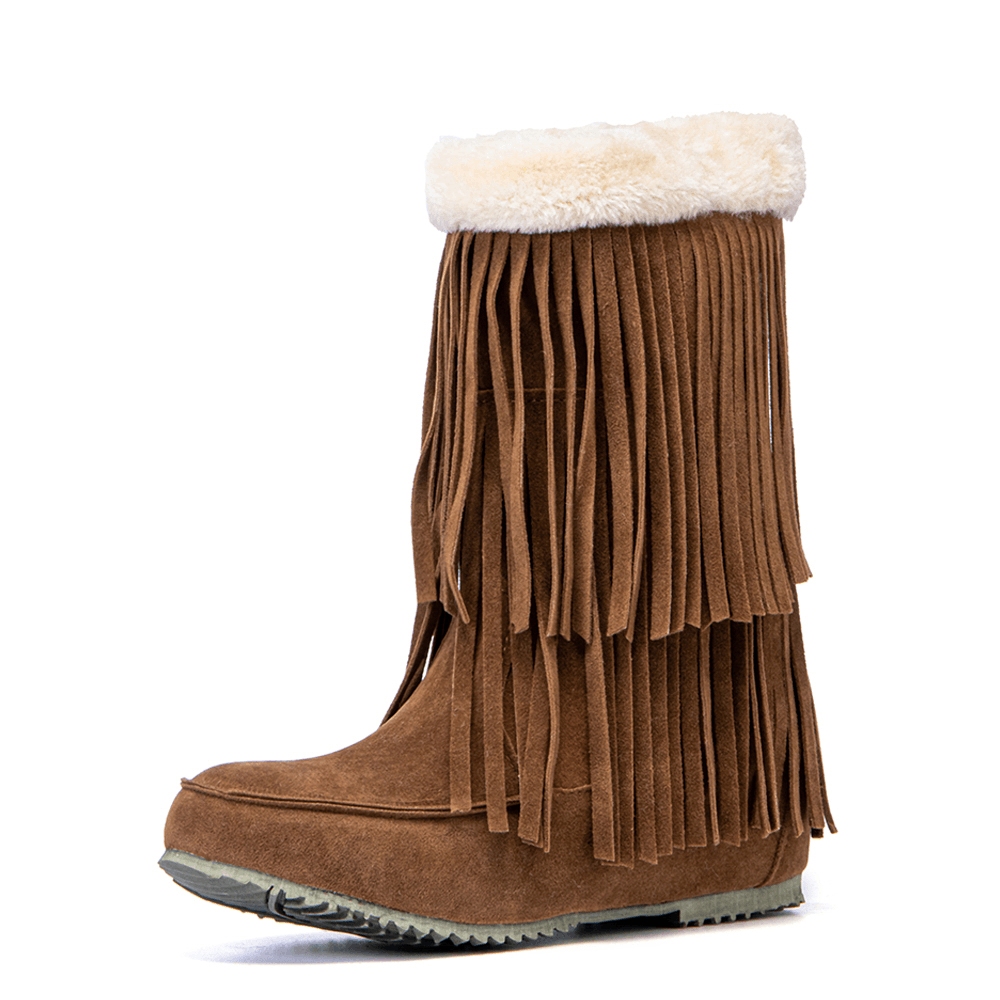 Women Tassel Boots Warm Fluff Flanging Mid-Calf Snow Boots - MRSLM