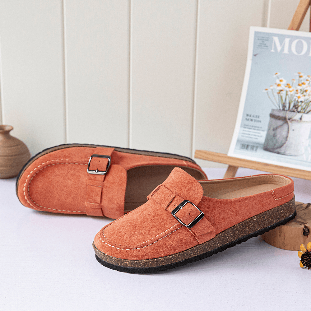 Women Casual Comfy Suede Large Size round Toe Backless Flats - MRSLM