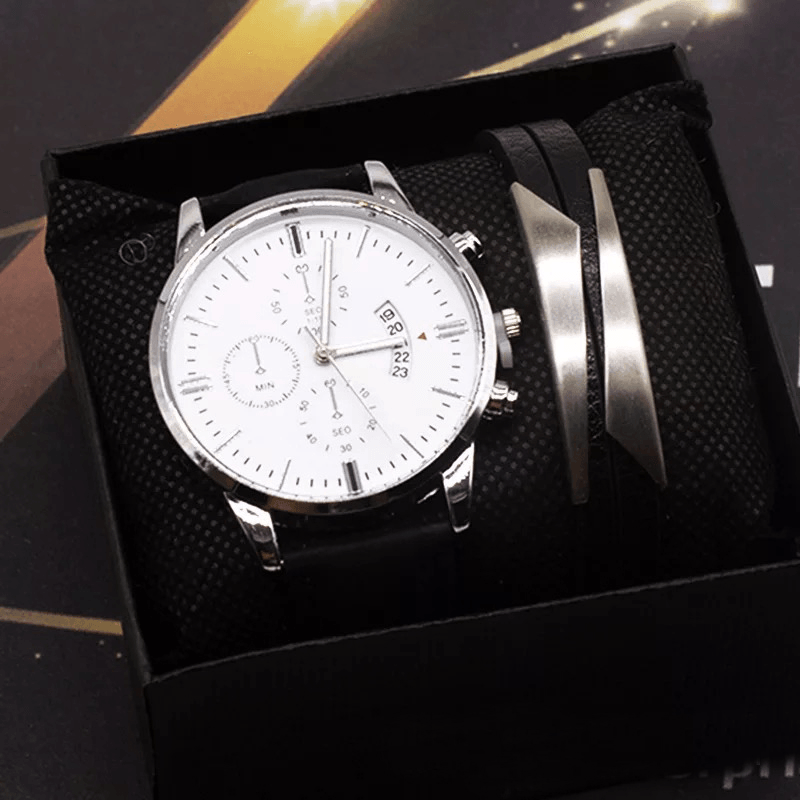 Fashion Business Men Watch Bracelet Set 2Pcs Calendar Clock Alloy Case Leather Band Male Quartz Watch - MRSLM