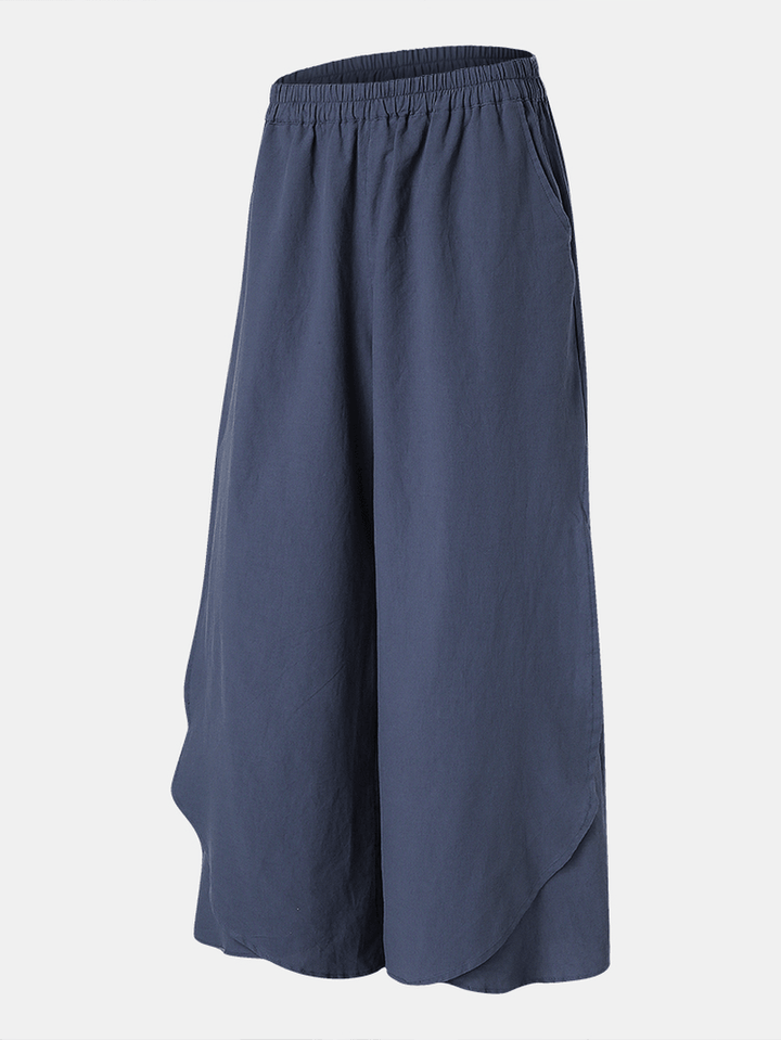 Casual Loose Elastic Waist Pocket Wide Leg Solid Pants for Women - MRSLM